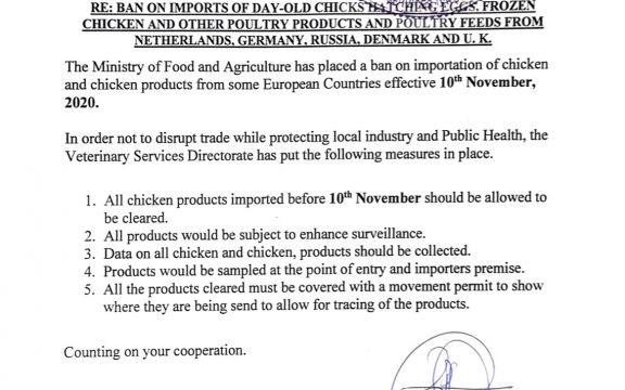 RE: BAN ON IMPORTS OF DAY-OLD CHICKS HATCHING EGGS, FROZEN CHICEN AND OTHER POULTRY PRODUCTS AND POULTRY FEEDS FROM NETHERLANDS, GERMANY, RUSSIA, DENMARK AND U.K